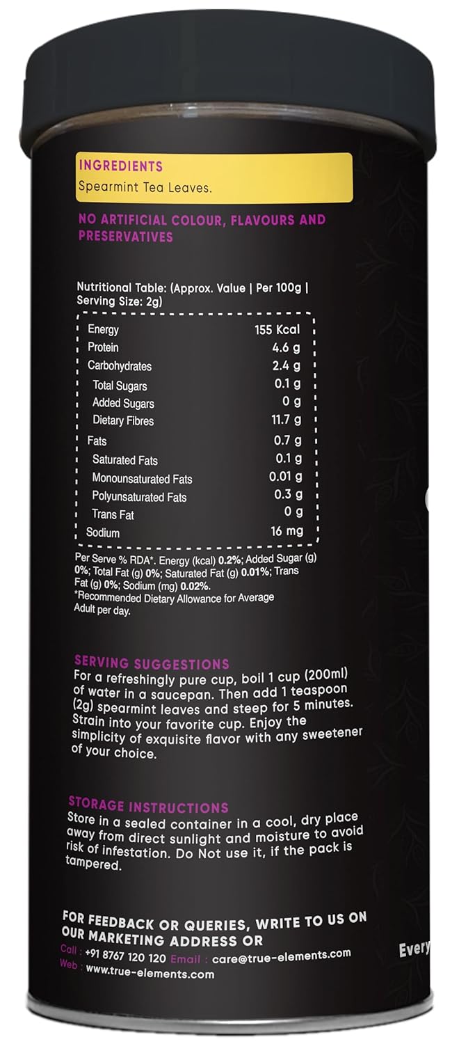 True Elements Spearmint Herbal Tea - 100gm, 3.5 Ounce | Helps In PCOS & PCOD - Ready To Drink Calming Tea | Caffeine Free Loose Leaf Tea