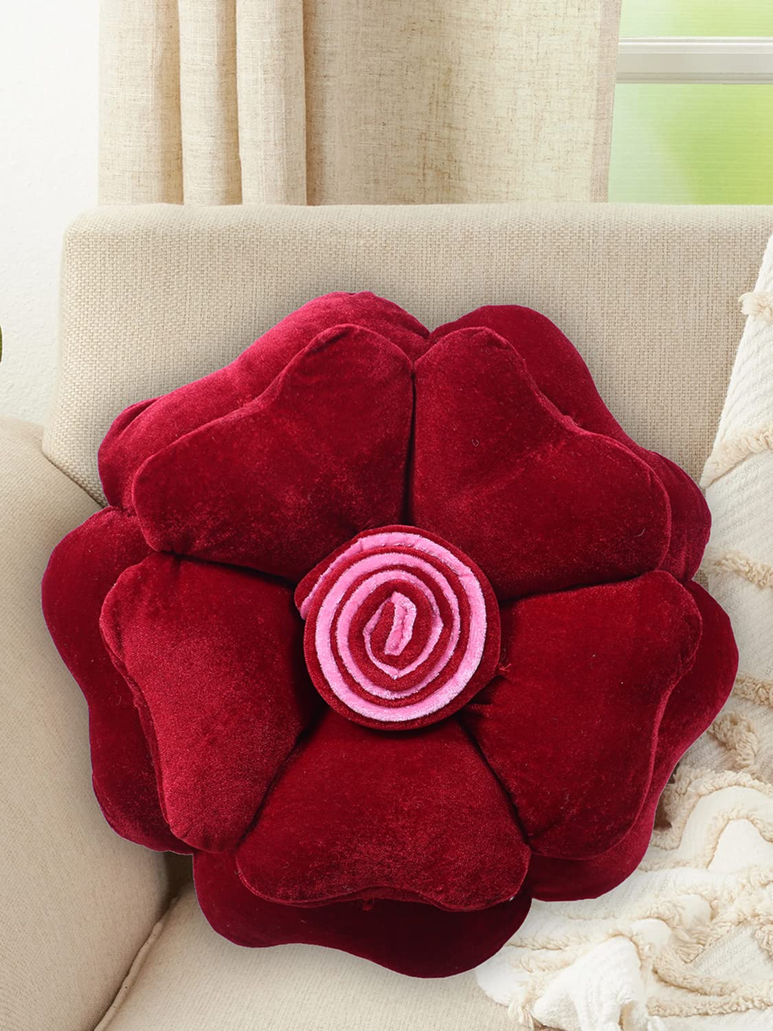 Rose Flower Shaped Pair Cushion Pillow, Soft & Decorative Cushions, Red -16 Inch | For Living Room, Bed, Sofa, Seating Area | Furniture Cushion, Washable, Perfect For Home Décor
