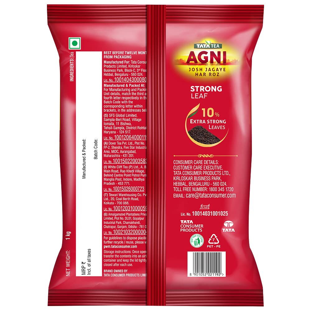 Tata Tea Agni Chai Patti - 1 Kg, 35.2 Ounce | Strong Chai With 10% Extra Strong Leaves - Loose Leaves Black Tea, Medium Caffeine Chai Patti