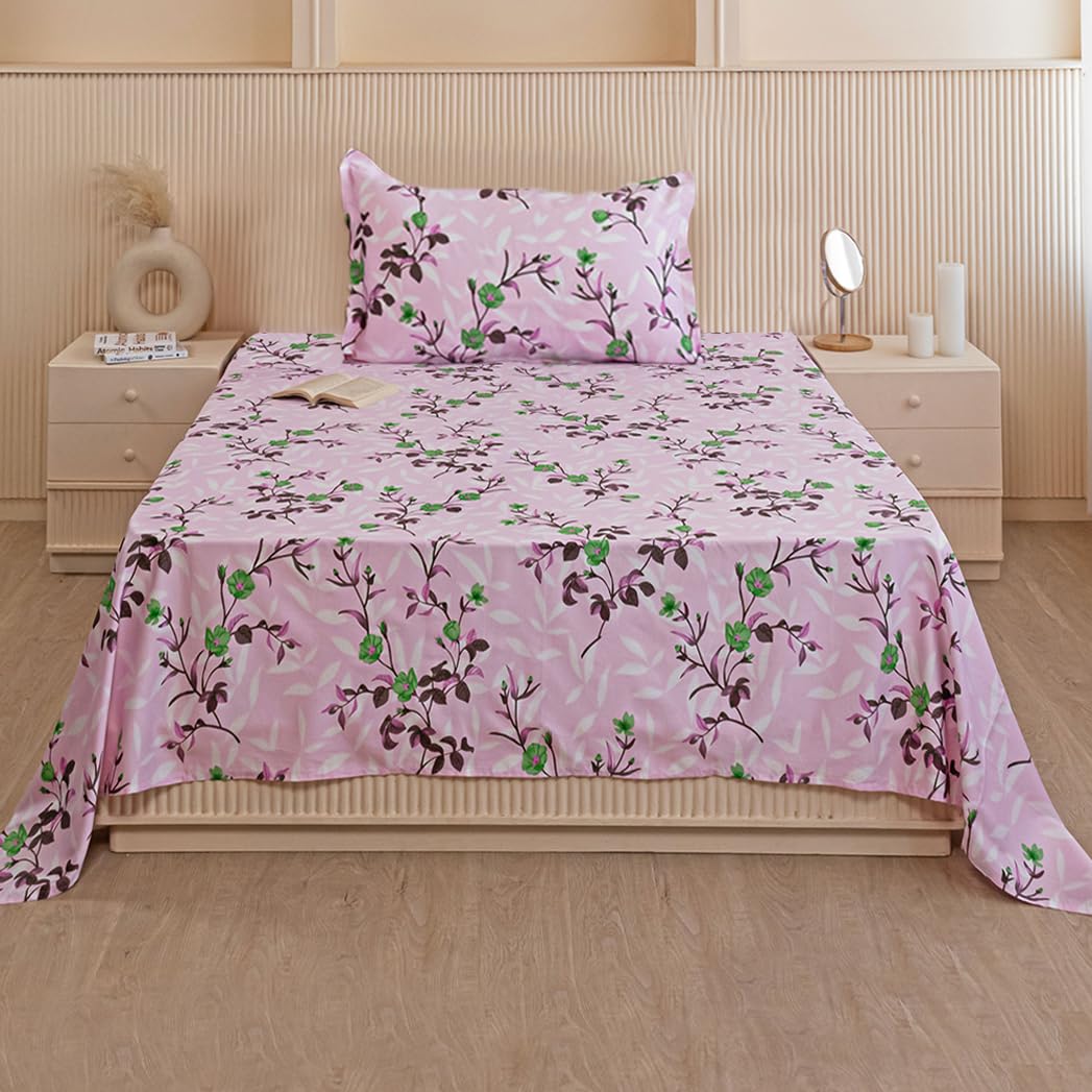 Luxurious Printed Flat Bedsheets With 1 Pillow Cover - 60 X 90 Inches, Lavender & Pink | Breathable & Wrinkle Free | Soft & Durable
