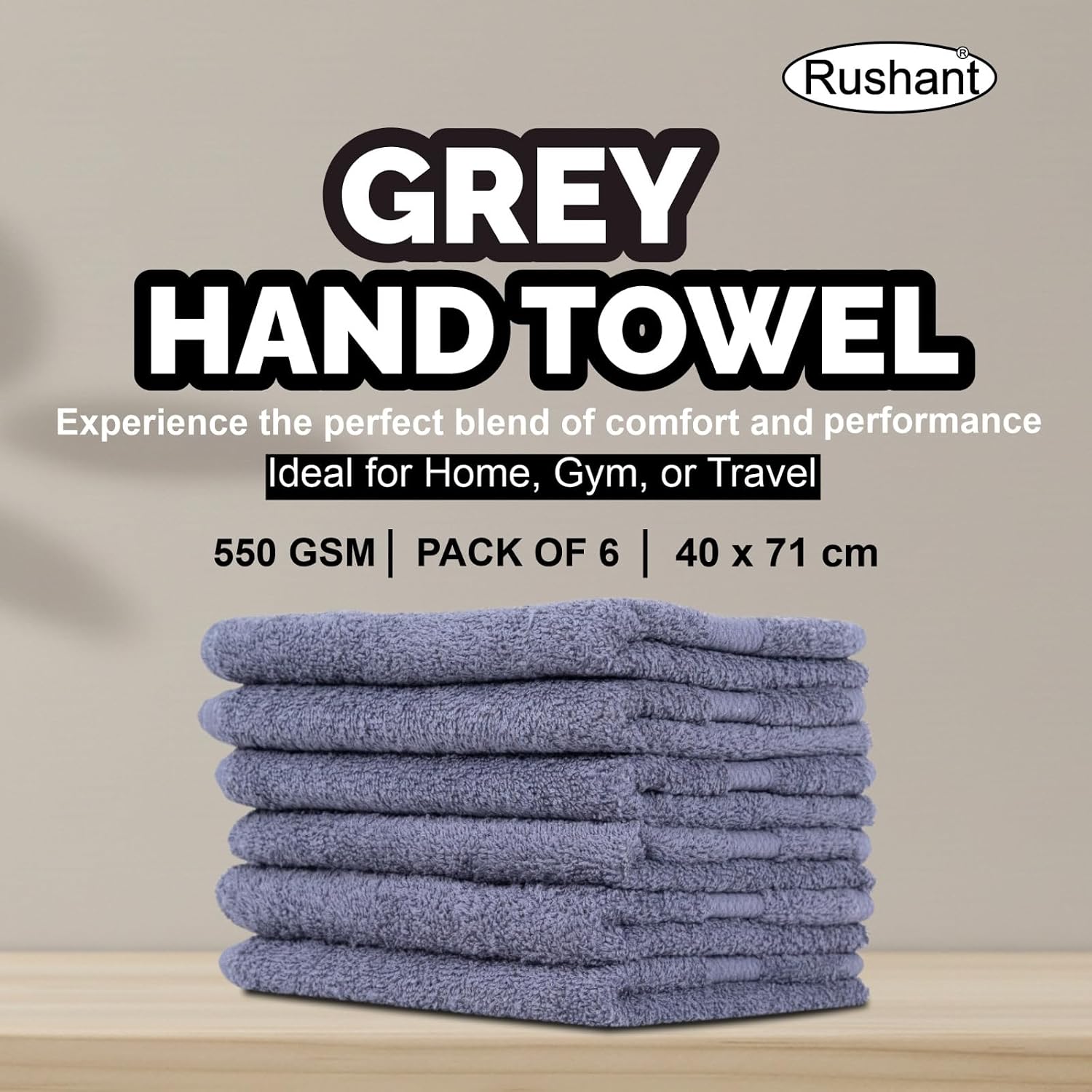 Rushant 100% Combed Cotton Hand Towels 900 Gsm | Ultra Soft, Quick Dry & Super Absorbent For Home, Gym & Travel (Grey) - Set Of 6