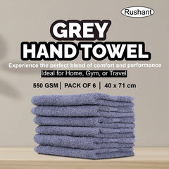 Rushant 100% Combed Cotton Hand Towels 900 Gsm | Ultra Soft, Quick Dry & Super Absorbent For Home, Gym & Travel (Grey) - Set Of 6