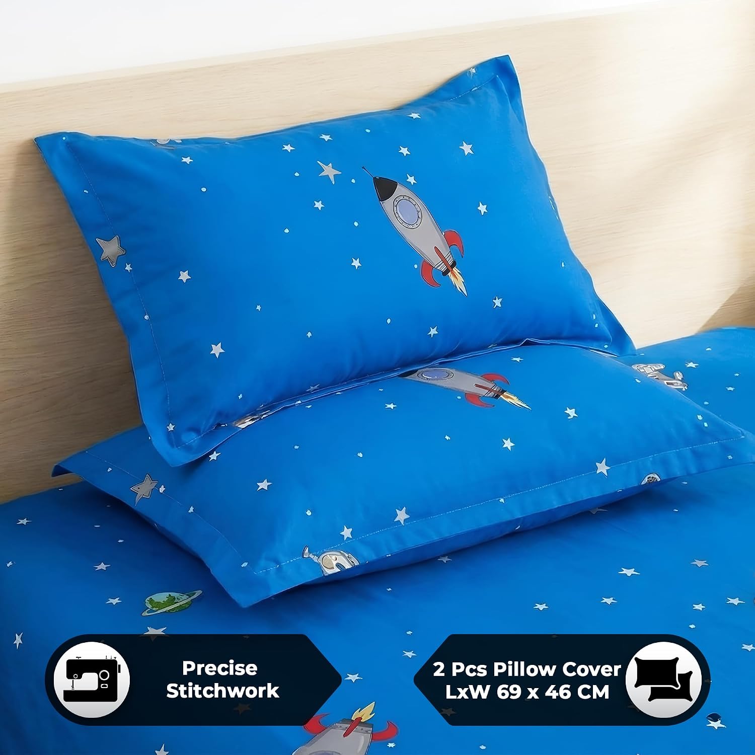 Kids Double Bed Bedsheet Set With 2 Pillow Covers - 88 X 100 Inches, Blue & Grey | Soft Bedding For Boys & Girls | Cosmic Adventure Design