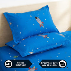 Kids Double Bed Bedsheet Set With 2 Pillow Covers - 88 X 100 Inches, Blue & Grey | Soft Bedding For Boys & Girls | Cosmic Adventure Design