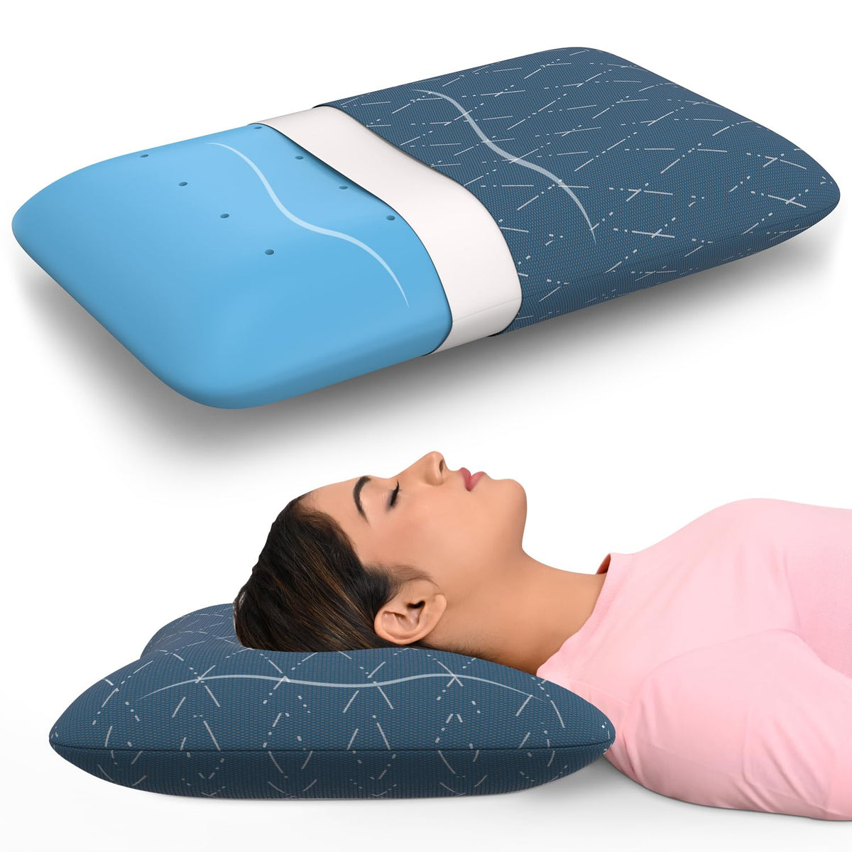 Cool Gel Ergonomic Memory Foam Pillow, Orthopedic Pillow For Neck Pain Relief - 4.5 Inch | Back Support, With Washable Blue Checks Cover | Removable Cover, Breathable - Pack Of 1