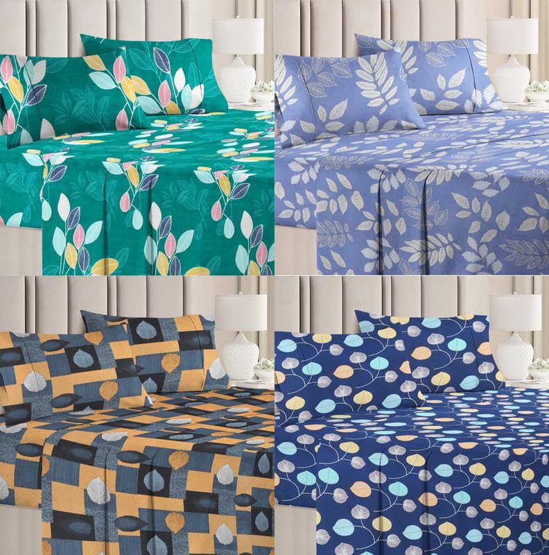 Combo Pack Of 4 Double Bedsheets With 8 Pillow Covers - 86 X 86 Inches, Multicolor | 160 Thread Count Soft Brushed Microfiber Long Lasting & Wrinkle Free