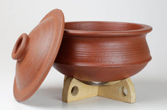 Deep Burned Uncoated Clay Biryani Pot With Lid Or Mitti Handi With 2 Wooden Spatulas Complimentary For Cooking & Serving - Red, 1 Liter | Pre-Seasoned Mud Pot - Unglazed, Double Fired, Hand Crafted