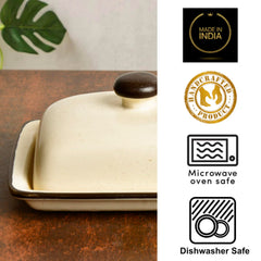 Ceramic Butter Dish With Lid - Off White, Height: 8 Cm | Butter Pot - Microwave & Dishwasher Safe Butter Container For 500 Gm