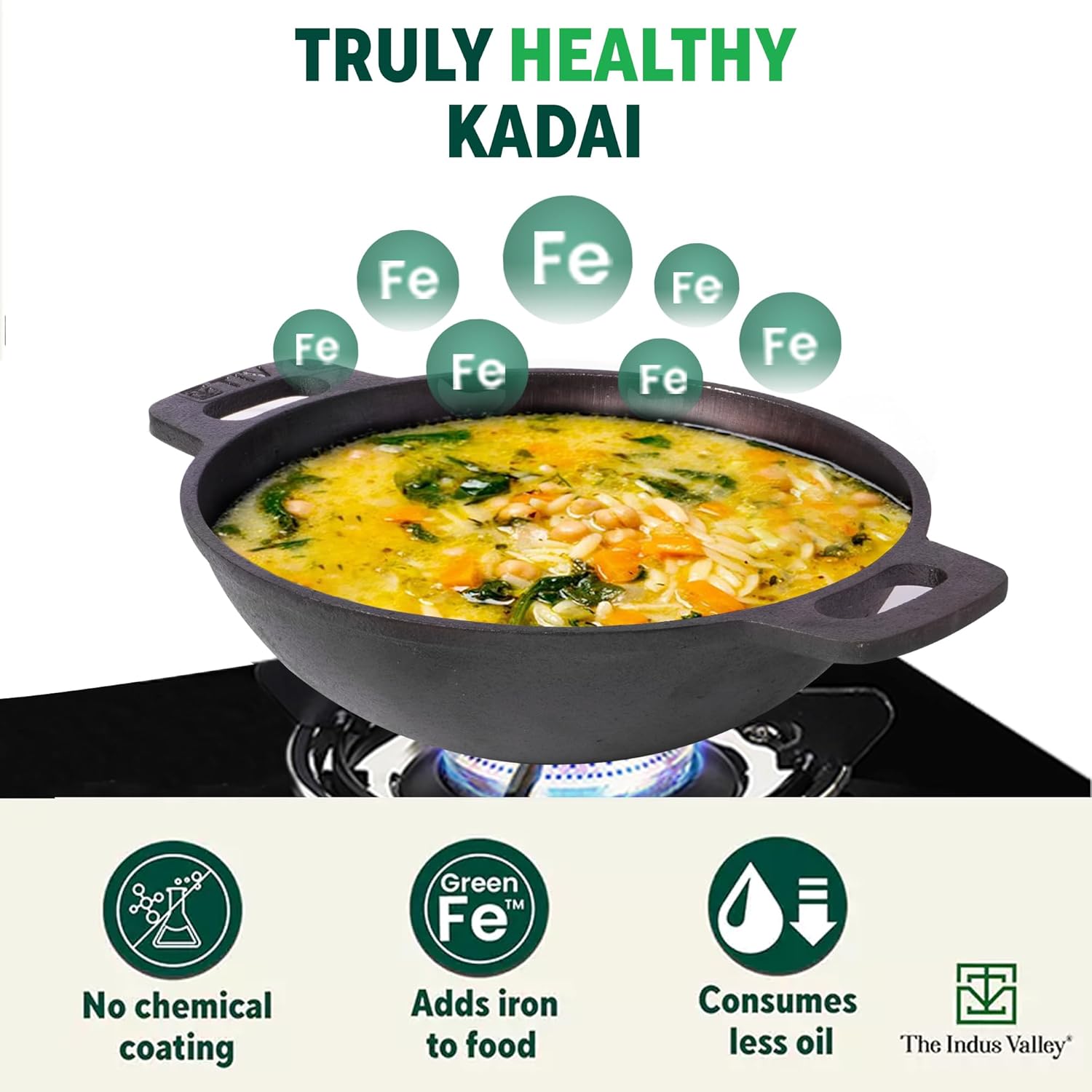 Super Smooth Cast Iron Kadai For Deep Frying - Small, 20.3cm, 8 Inch, 1.3 Liters, 1.8 Kg | Naturally Nonstick, Pre-Seasoned Kadhai, 100% Pure & Toxin-Free, No Chemical Coating