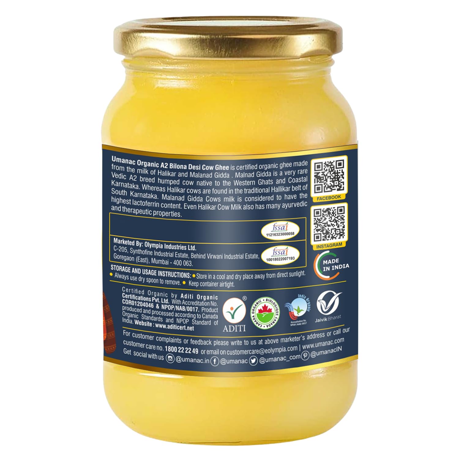 100% Pure A2 Bilona Desi Cow Ghee By Umanac | Traditional Hand Churned Bilona Method Desi Ghee Good For Hair & Skin | (500ml) 16.9 Ounce | Jar Pack