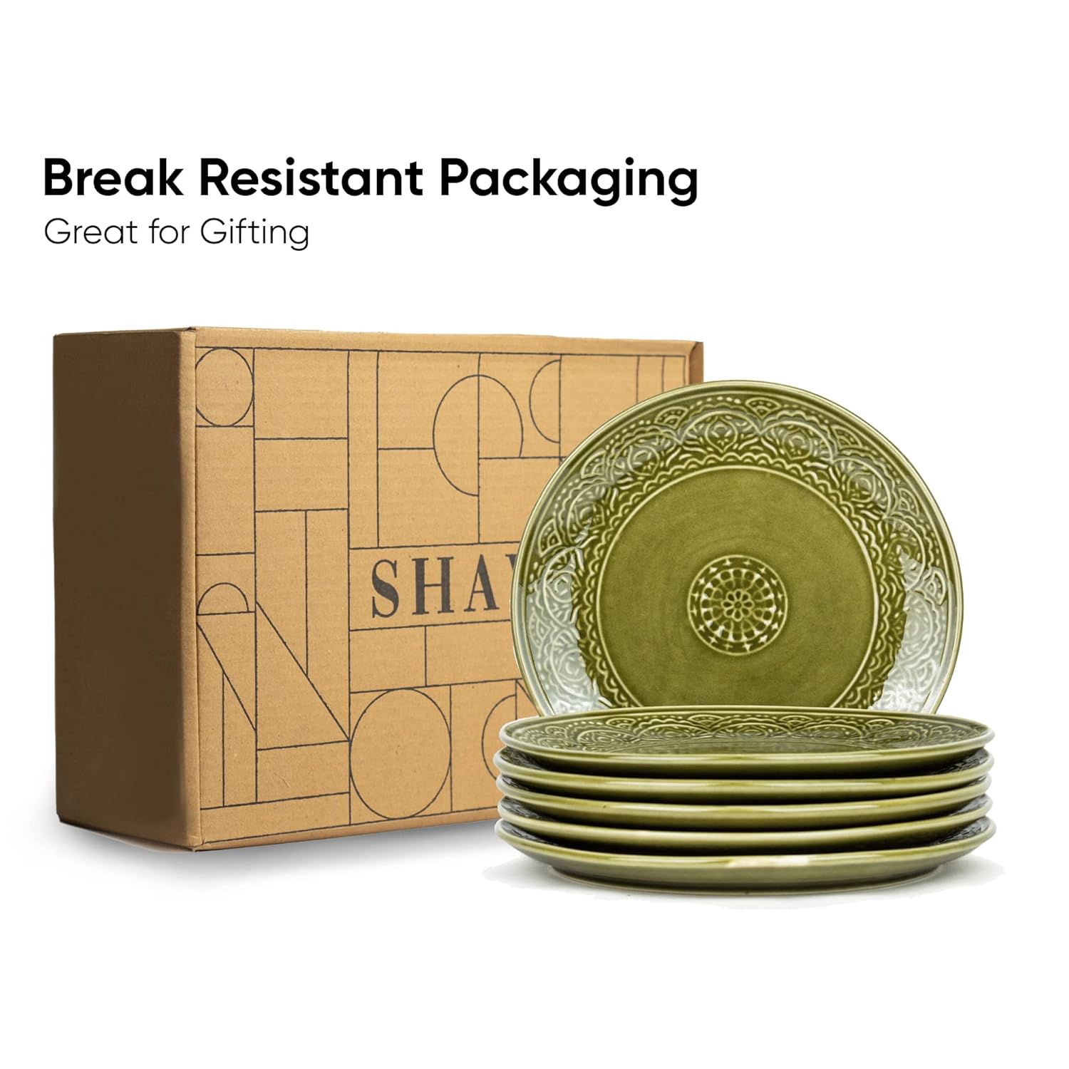 Ceramic Dinner Plates Set Of 6 Pieces, Mehndi Green Carving Series | Ceramic Plates Set With Glossy Finish - Dinner Plates Ceramic | Set Of 6 Plates For Dinner - Microwave Safe & Chip Resistant