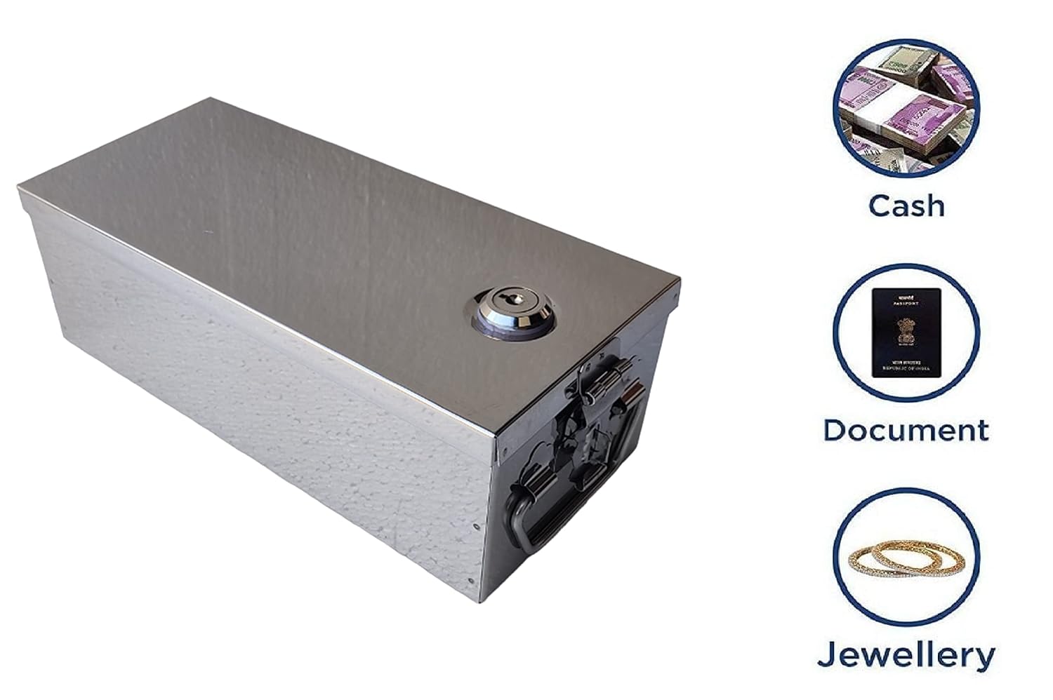 Stainless Steel Locker Boxes, Jewellery Boxes, Check Book Box, Cash Box, Bank Locker Box, Peti Size - 8 Inch Cash Box With Pre Fited Lock & 2 Key, Colour - Silver