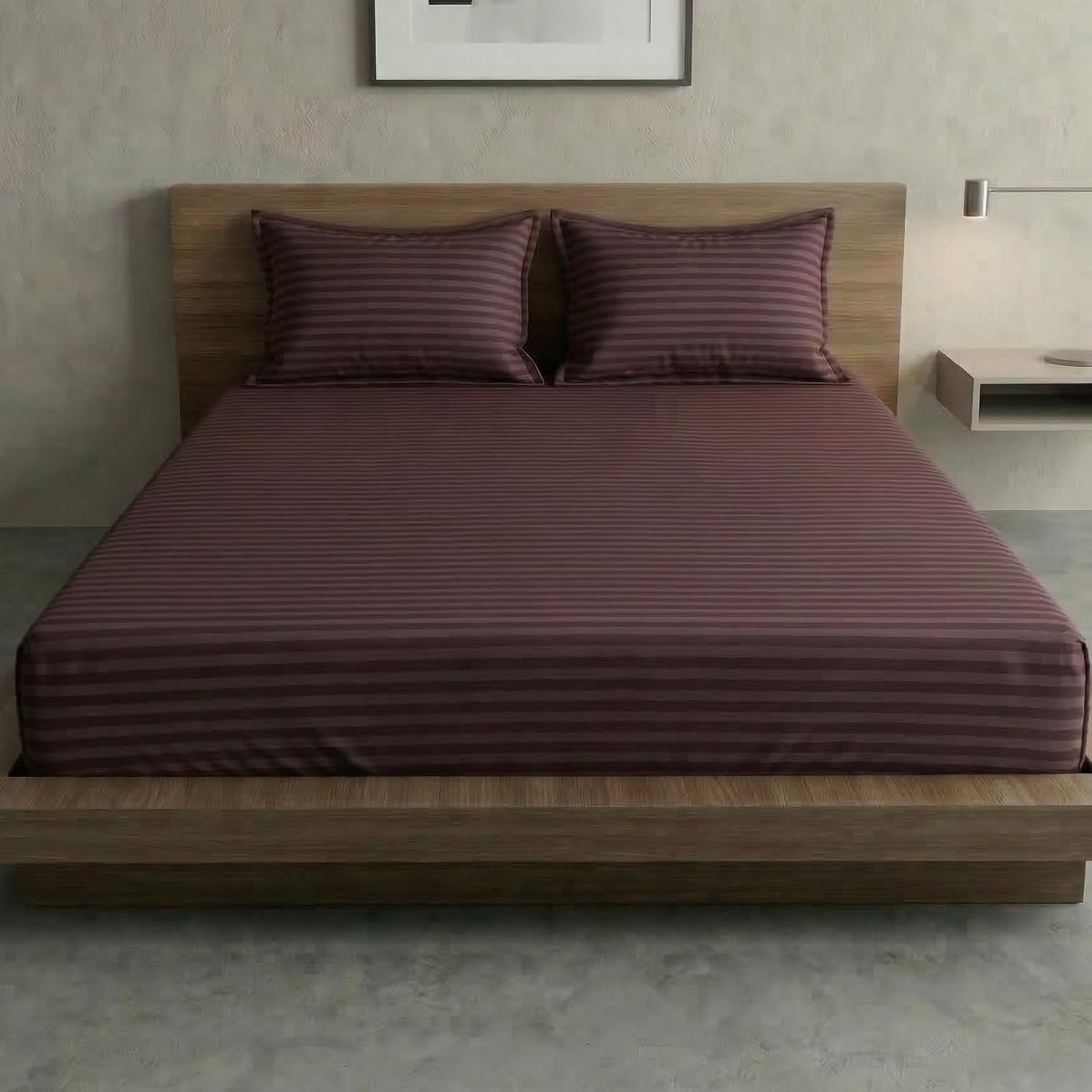 Brown Stripe Elastic Fitted Double Bedsheet (72x78 Inches) With 2 Pillow Covers | Soft To Touch & Comfortable | 300 Thread Count
