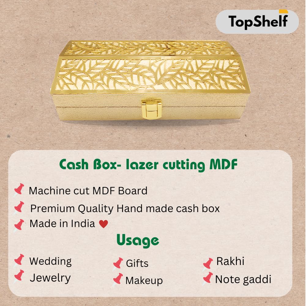 Designer Lazer Cutting Shagun Cash Box Or Gaddi Box For Shagun, Money Box For Wedding, Anniversary, Baby Shower, Ring Ceremony Eidi Or Any Other Occasion, Pack Of 1, Gold