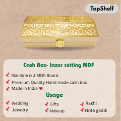 Designer Lazer Cutting Shagun Cash Box Or Gaddi Box For Shagun, Money Box For Wedding, Anniversary, Baby Shower, Ring Ceremony Eidi Or Any Other Occasion, Pack Of 1, Gold