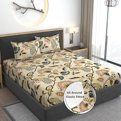 Premium Feel Cotton Bedsheets All Around Elastic Fitted For Double Bedsheet - Size 60 X 78 Inches, Beige | Beautiful Print & Luxury Look Bedsheet