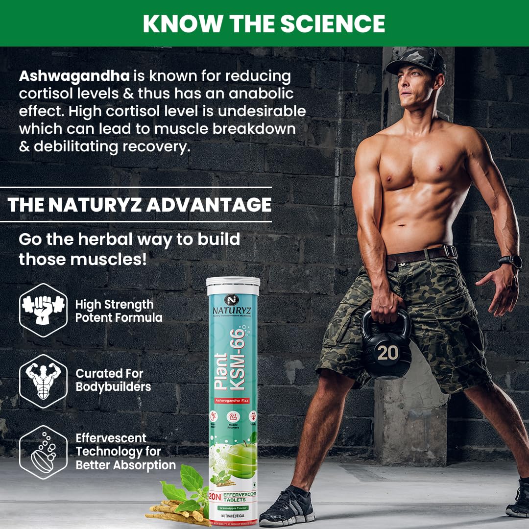 Naturyz Highest Strength 100% Plant Extracted Ksm - 66 Ashwagandha 600mg, Vitamin D3, Muscle Recovery, Energy, Relieve Stress | 20 Effervescent Tablets Green Apple 50gm 0.1lbs