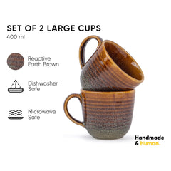 Large Ceramic Coffee Mug Set Of 2 - Brown, 400ml Each | Ceramic Ribbed Mug With Glossy Finish - Mug For Coffee | Ceramic Coffee Mug - Coffee Cup | Microwave Safe & Dishwasher Safe