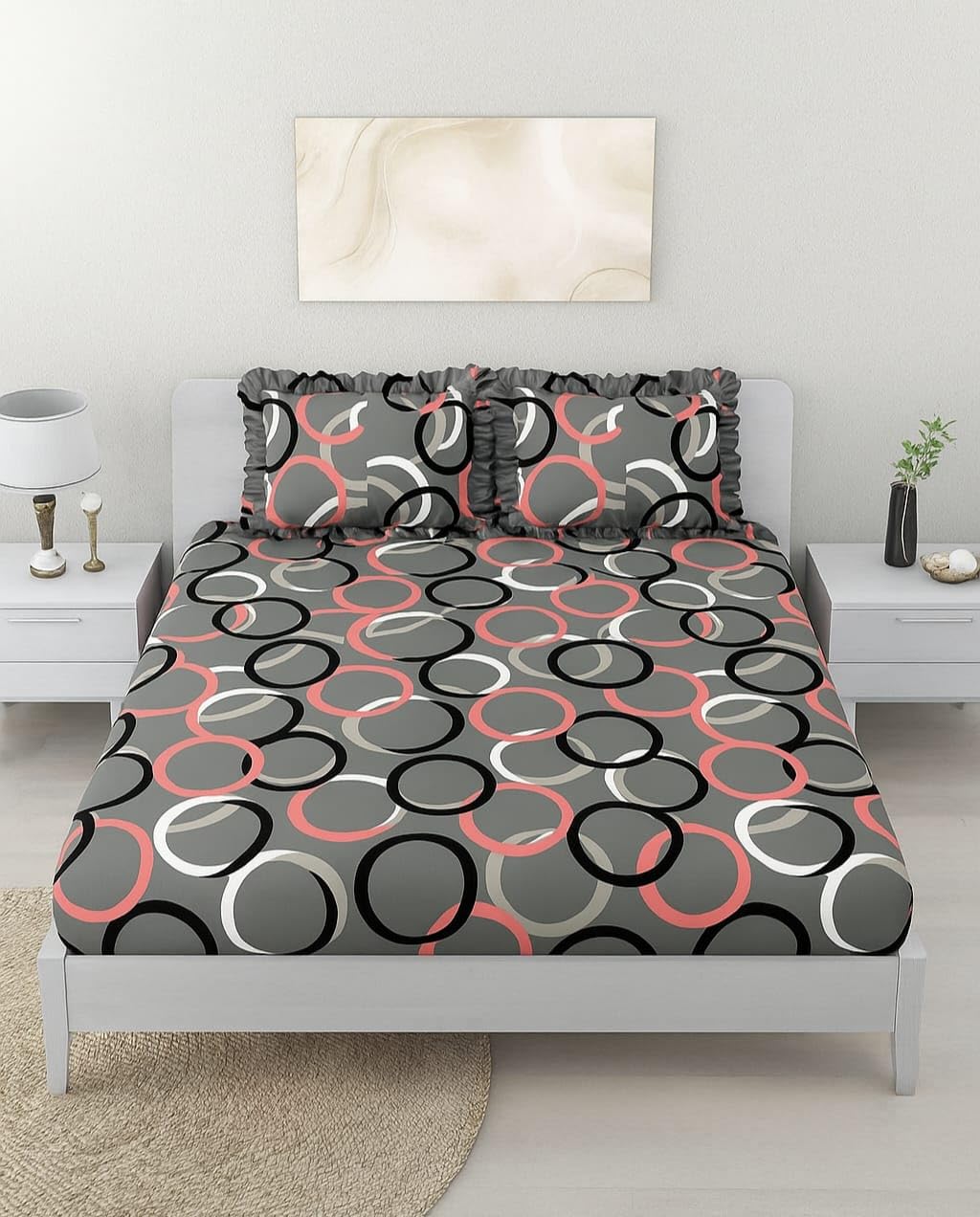 Premium Heavy King Size Bedsheet With 2 Frill Pillow Covers | 72 X 78 Inches, Grey & Black | Double Bed, All-Around Elastic Fitted | Luxurious Comfort & Durability