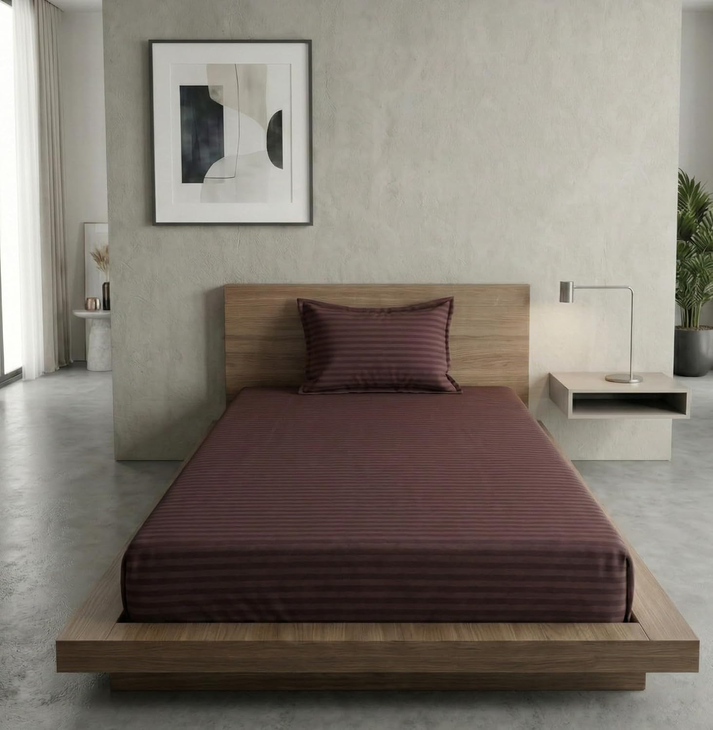 Cotton Brown Striped Single Bedsheet With 1 Pillow Cover - 55 X 90 Inches | Long-Lasting Color Comfortable Fabric Bedsheet