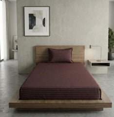 Cotton Brown Striped Single Bedsheet With 1 Pillow Cover - 55 X 90 Inches | Long-Lasting Color Comfortable Fabric Bedsheet