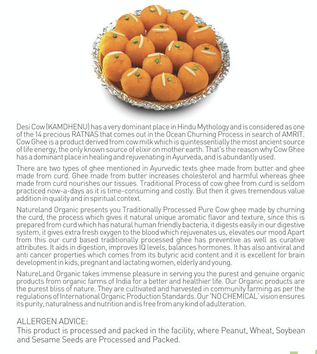 Natural A2 Desi Cow Ghee By Natureland Organics | Delicious & Nutritious Healthy Billona Desi Cow Ghee Good For Bones Health | (1 Litr) 33.8 Ounce | Jar Pack