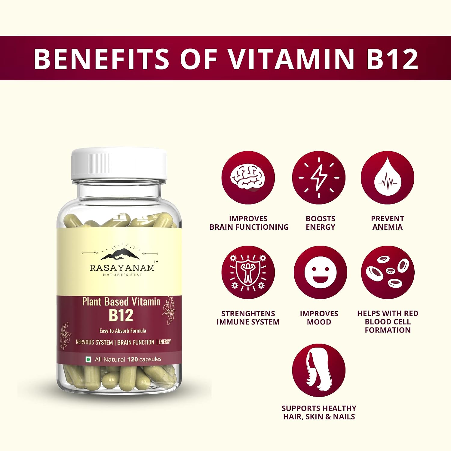 Rasayanam Plant Based Vitamin B12 Supplement For Men & Women | Organic Formulation For Vegetarians & Vegans To Support Nervous System & Brain Function | 120 Capsules , 200gm 0.4lbs , Each Pack Of 2