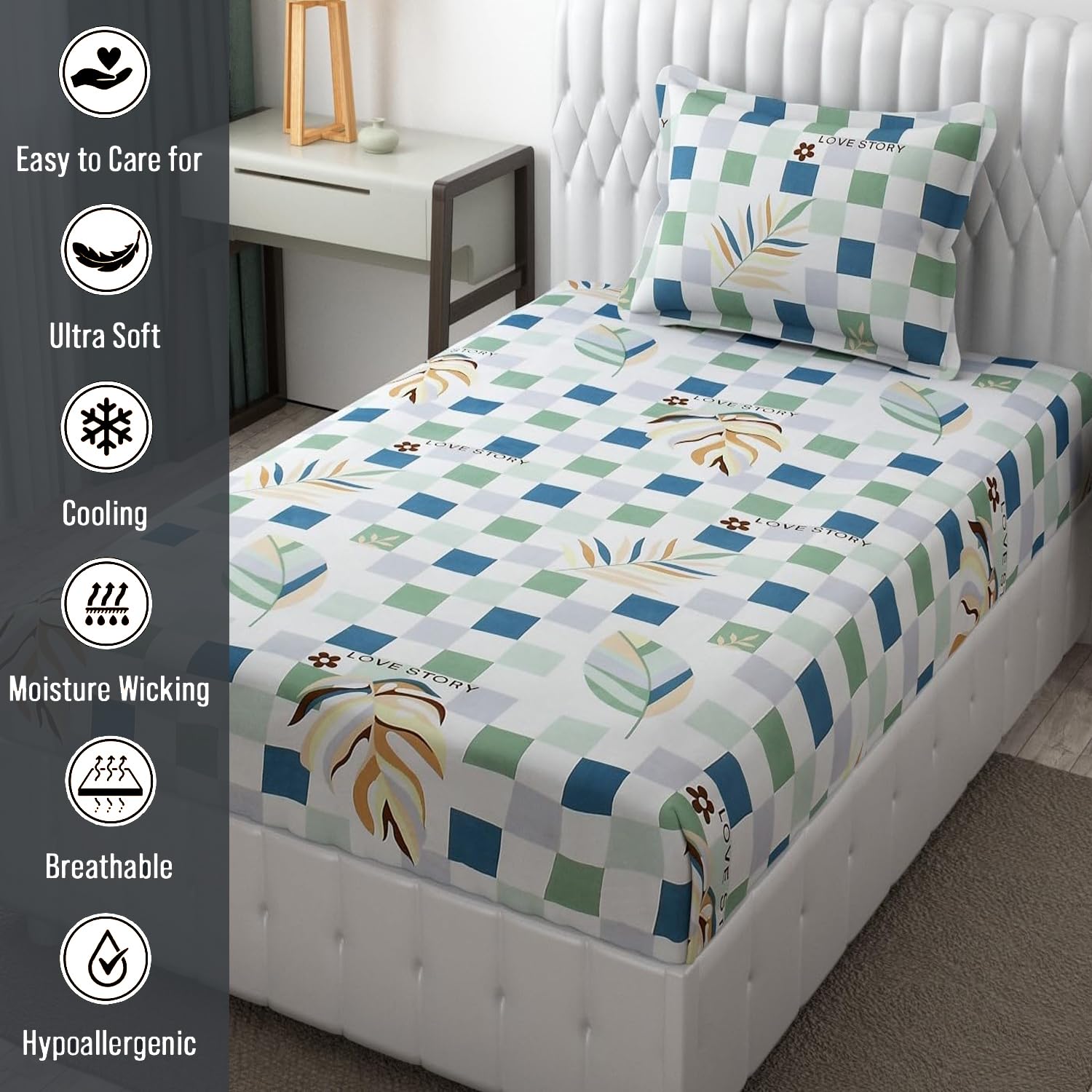Microfiber Single Bedsheet Set With 1 Pillow Covers (60 X 90 Inches) Multicolor | Durable & Long-Lasting | 144 Thread Count | Wrinkle Free