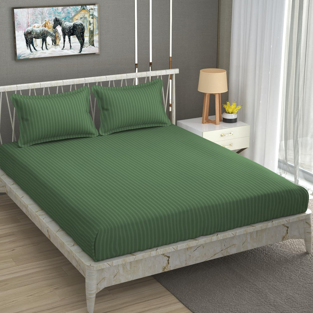 Stripe Glace Cotton 1 Double Bedsheet With 2 Pillow Cover - 91 X 90 Inches, Dark Green | Fade Resistant & Durable Breathable & Wrinkle Free Bed Sheet