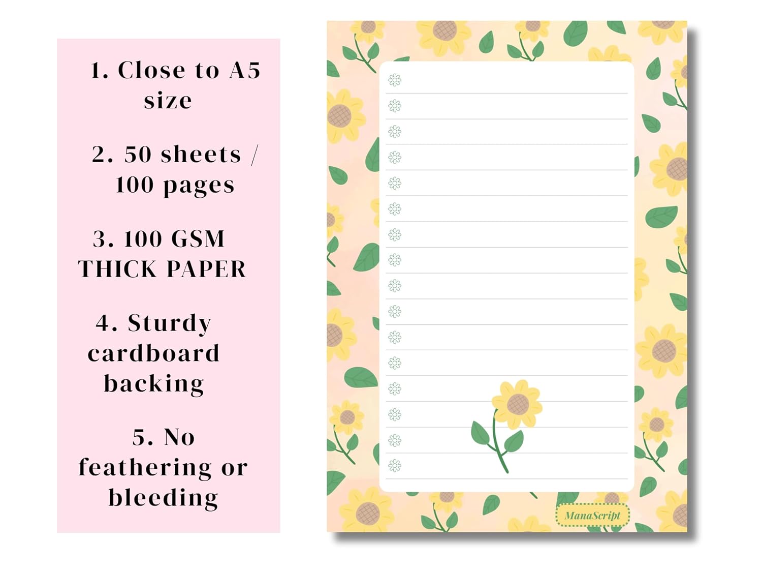 A5 Notes/To Do List Notepad, Beautiful Checklist Pad, Tear-Off Sheets (Sunflower) Pack Of 1