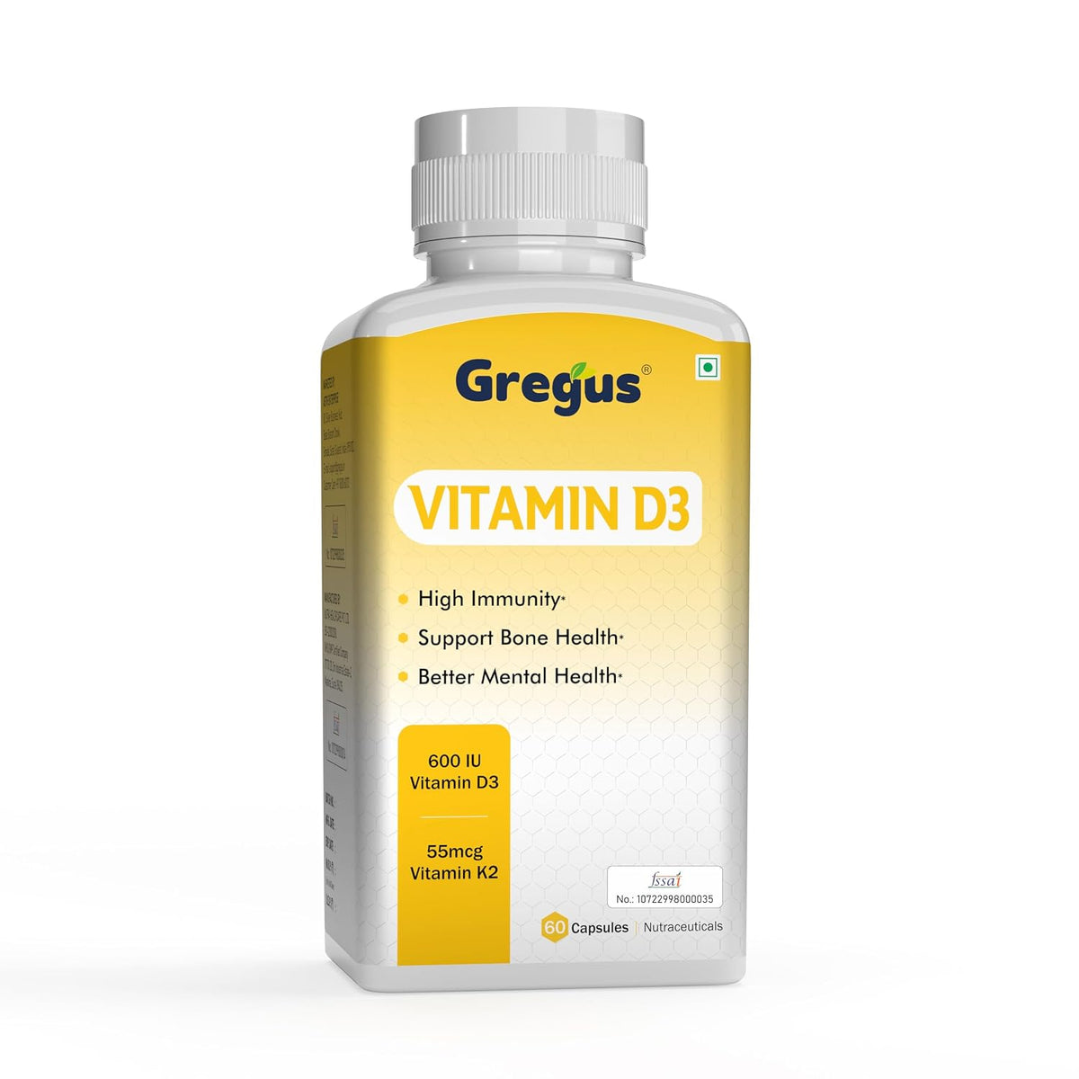 Gregus Vitamin D3 (600iu) + K2 (55mcg) Supplement | Essential For Strong Bones & Cardiovascular Support | 60 Capsules , 100gm 0.2lbs