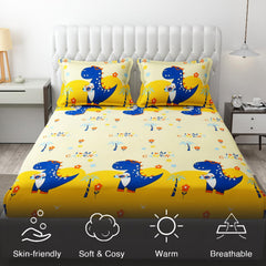 Wrinkle Free Soft Kids Double Bedsheets For King Size With 2 Pillow Cover | 90 X 95 Inches, Cream & Yellow | Cartoon Printed Design | Child Bedroom Decor