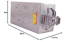 Stainless Steel Jewellery Box Bank Locker Safe Storage Cash Peti Bank Box Container 10.23 Inch, Printed Laser Design, Silver