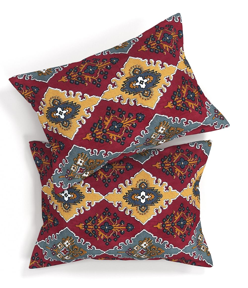 Pure Microfiber Double Bedsheet With 2 Pillow Covers - 88 X 90 Inches, Maroon & Grey | Traditional Jaipuri Rajasthani Handcrafted Design Bedsheet