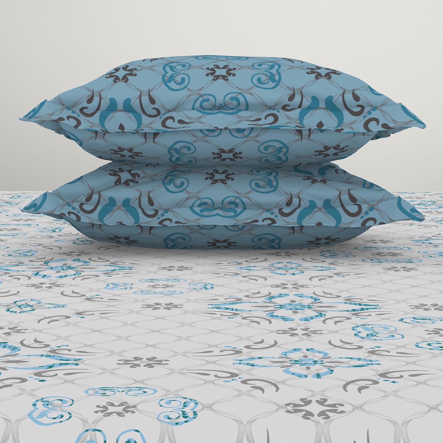 100% Cotton Bedsheet For Double Bed With 2 Pillow Cover - 88 X 100 Inches, Blue & Beige | Breathable & Super Soft | All Seasons & Easy To Wash