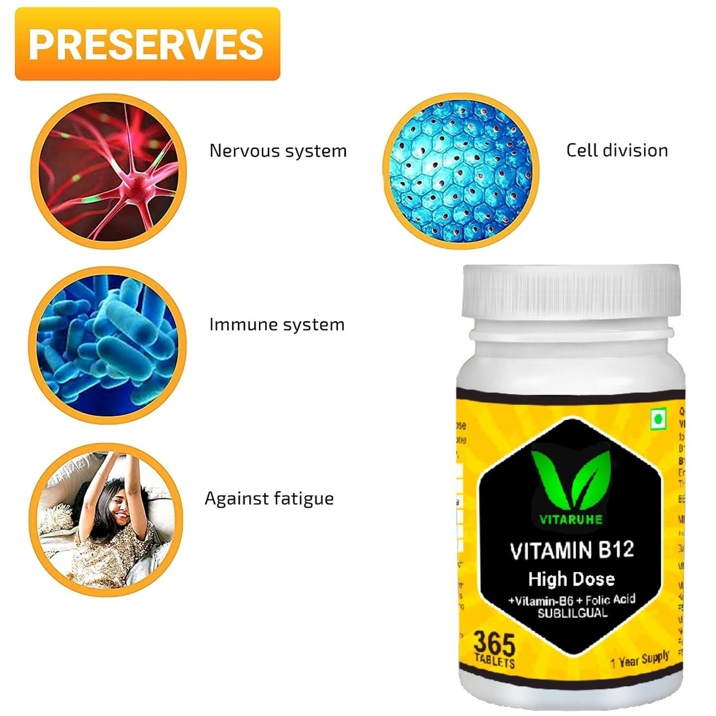 Vitaruhe Vitamin B12 High Dose+ B6 / Folic Acid, Methylcobalamin & Sublingual For Maximum Effects, Vegan | 365 Tablets , 300gm 0.66lbs