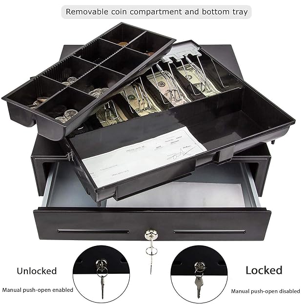 Electronic & Manual Metal Cash Drawer For Point Of Sale (Pos) System With Coin Tray, Colour - Black, Material - Alloy Steel