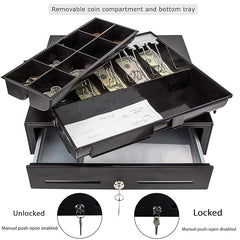 Electronic & Manual Metal Cash Drawer For Point Of Sale (Pos) System With Coin Tray, Colour - Black, Material - Alloy Steel