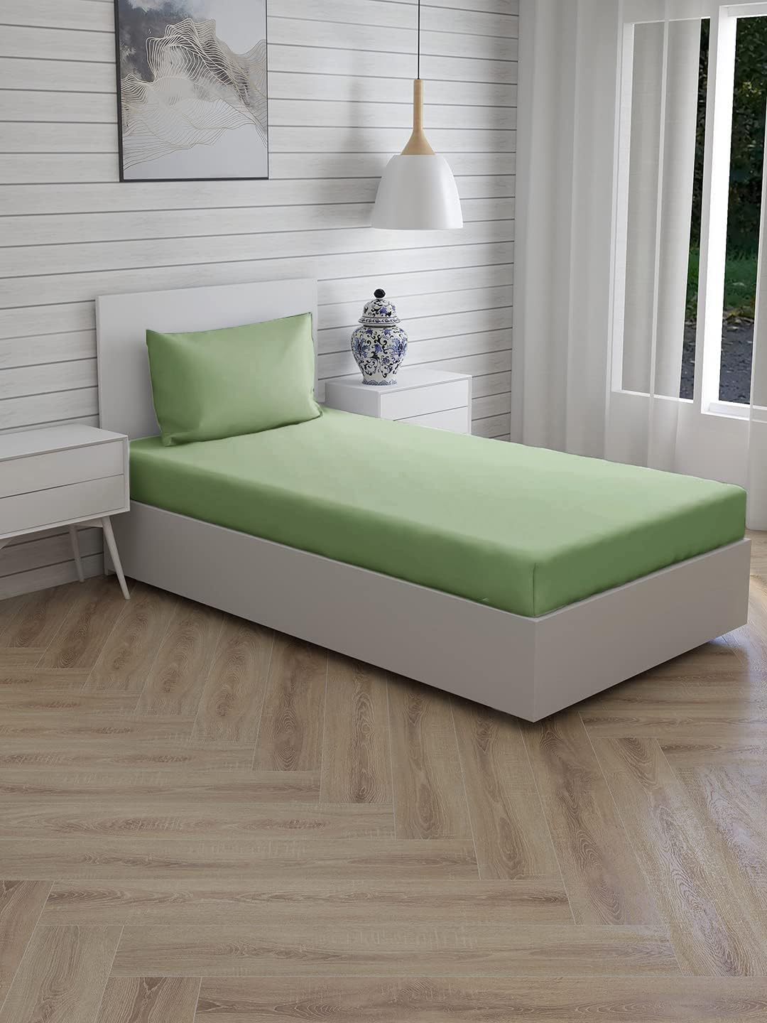 Single Flat Bedsheet With 1 Pillow Cover (54 X 90 Inches) Moss Green | Durable & Long Lasting Wrinkle Resistant Fabric - All Season Comfort | 300 Thread Count