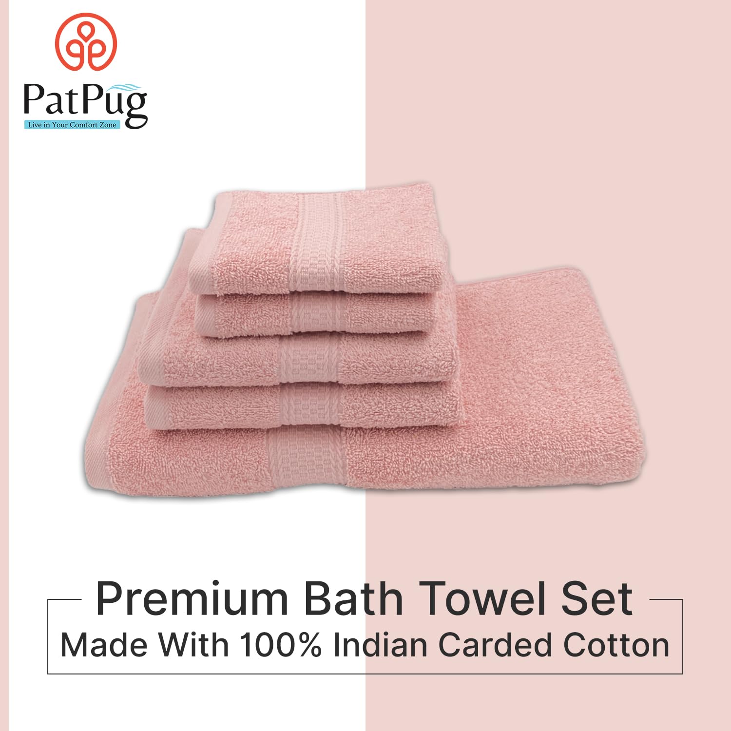 Patpug 100% Indian Cotton Plush Towel Set 1200 Gsm | Highly Absorbent, Fade Resistant, Quick Drying (Baby Pink) - 5 Piece