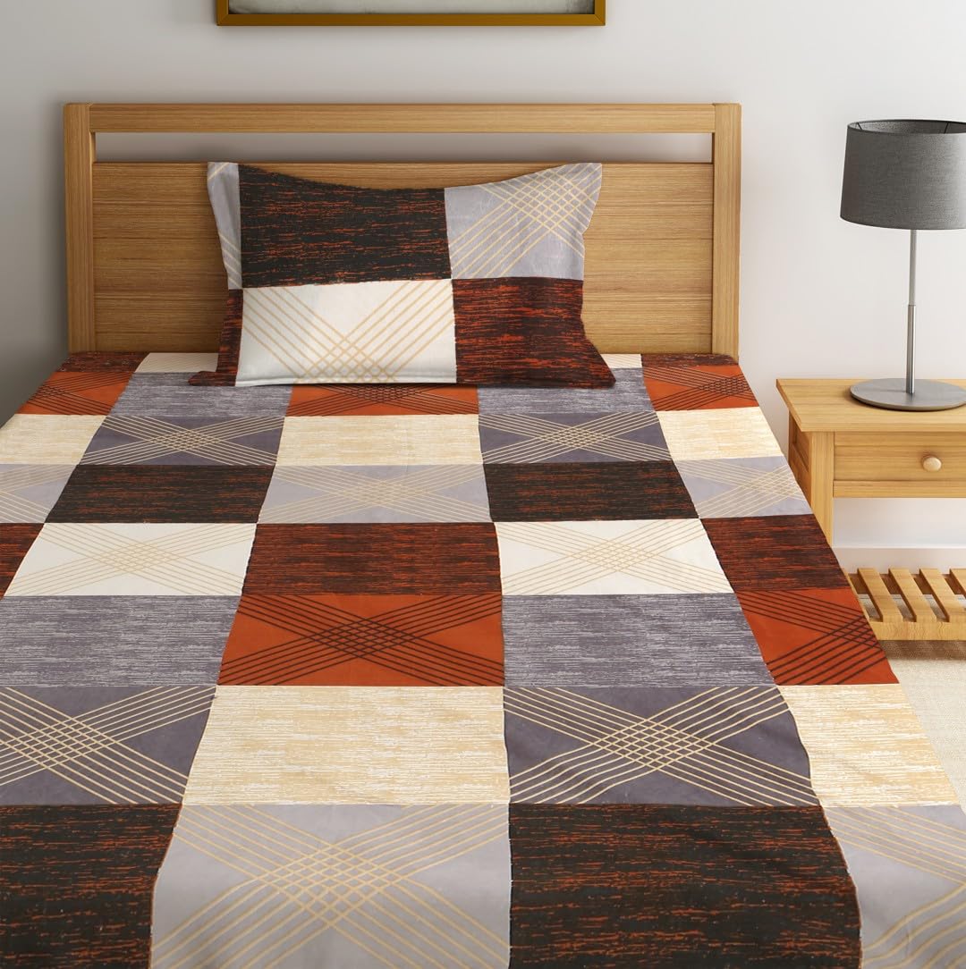 144 TC Microfiber Single Bedsheet With 1 Pillow Cover - 55 X 86 Inches, Rust Orange & Cream | Soft To Touch & Comfortable | Natural Resistance To Shrinkage & Wrinkles