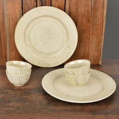 Ribbed Ceramic Dinner Serving 2 Plates With 4 Dinner Bowls Set Of 6 - Ivory, Plate Diameter: 10 Inches - Dazzling Riviera