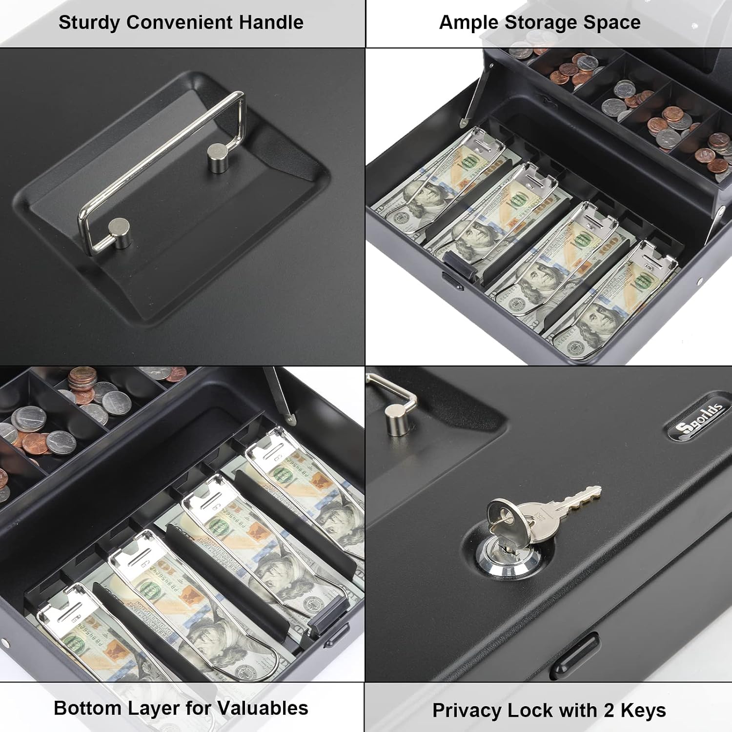 Cash Box With Lock & 2 Keys, Metal Money Box With Cash Tray, Portable Lock Safe Box, 4 Bill, 5 Coin Slots, Large Cash Boxes For Small Business 11.8 X 9.5 X 3.5 Inch, Colour - Top Key Black