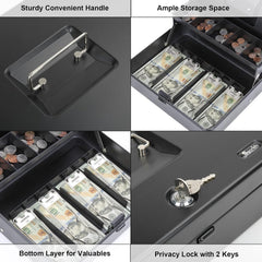 Cash Box With Lock & 2 Keys, Metal Money Box With Cash Tray, Portable Lock Safe Box, 4 Bill, 5 Coin Slots, Large Cash Boxes For Small Business 11.8 X 9.5 X 3.5 Inch, Colour - Top Key Black