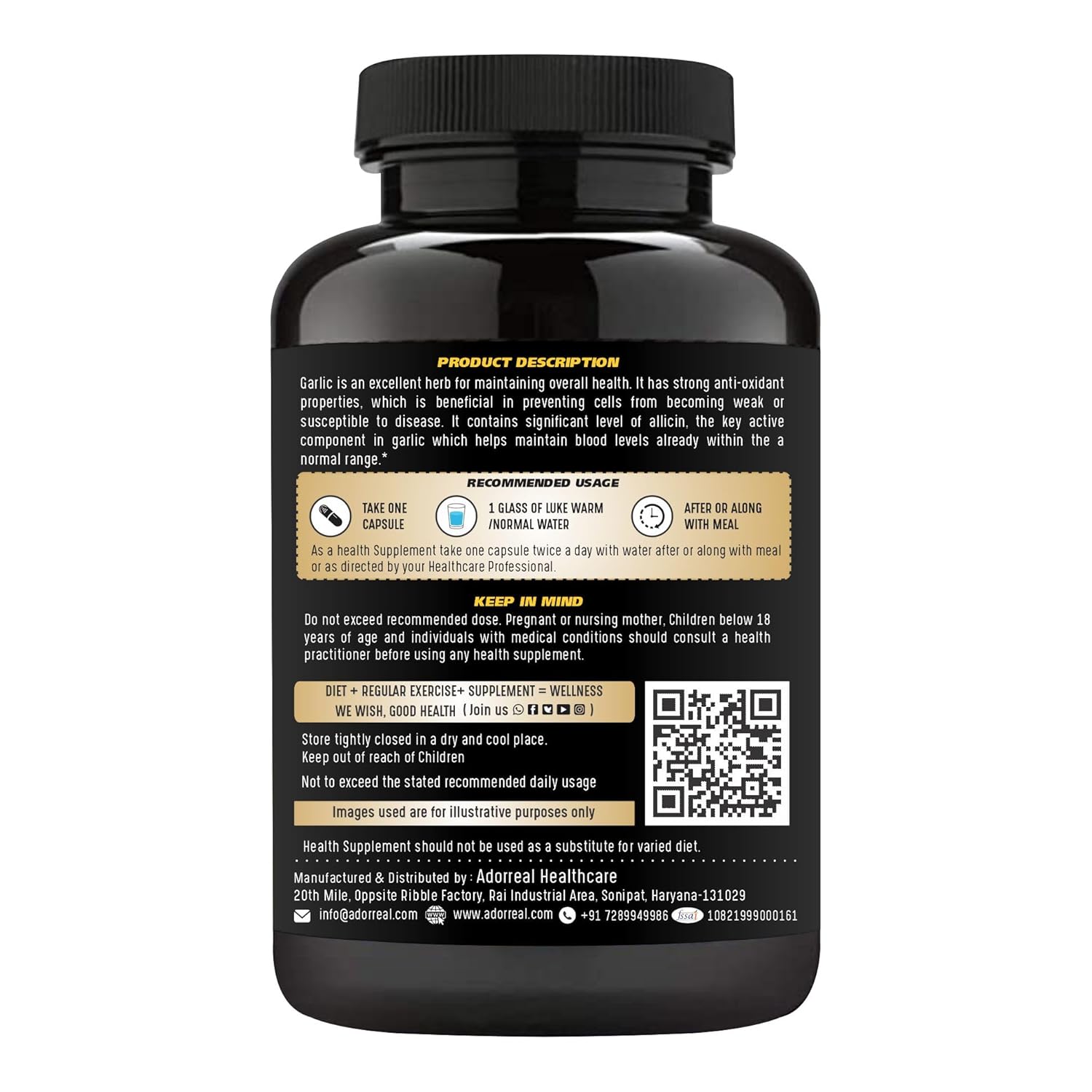 Adorreal Garlic Extract Capsules, Cardiovascular Support, Boosts Digestion, Maintains Cholesterol, Promoting Healthy Blood Flow & Circulation | 120 Capsules 150gm 0.3lbs