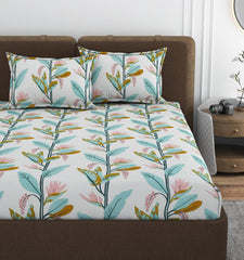 Printed Double Bedsheet With 2 Matching Pillow Covers - 72 X 78 X 10 Inches, Cream | All Around Elastic Fitted King Size Bedsheets | Ideal For Home, Hotel, Bedroom