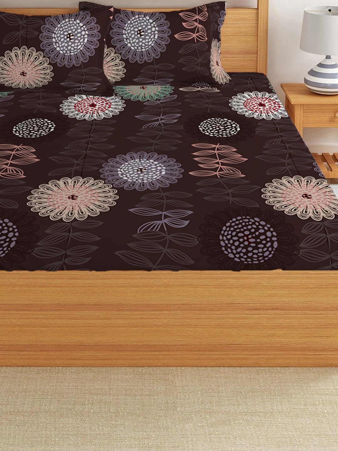 Elastic Fitted Printed King Size Double Bed Bedsheet With 2 Pillow Covers | 72 X 78 X 10 Inches, Brown | Super Soft Premium Brushed Glace Cotton Material