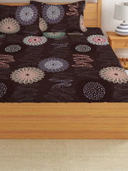 Elastic Fitted Printed King Size Double Bed Bedsheet With 2 Pillow Covers | 72 X 78 X 10 Inches, Brown | Super Soft Premium Brushed Glace Cotton Material