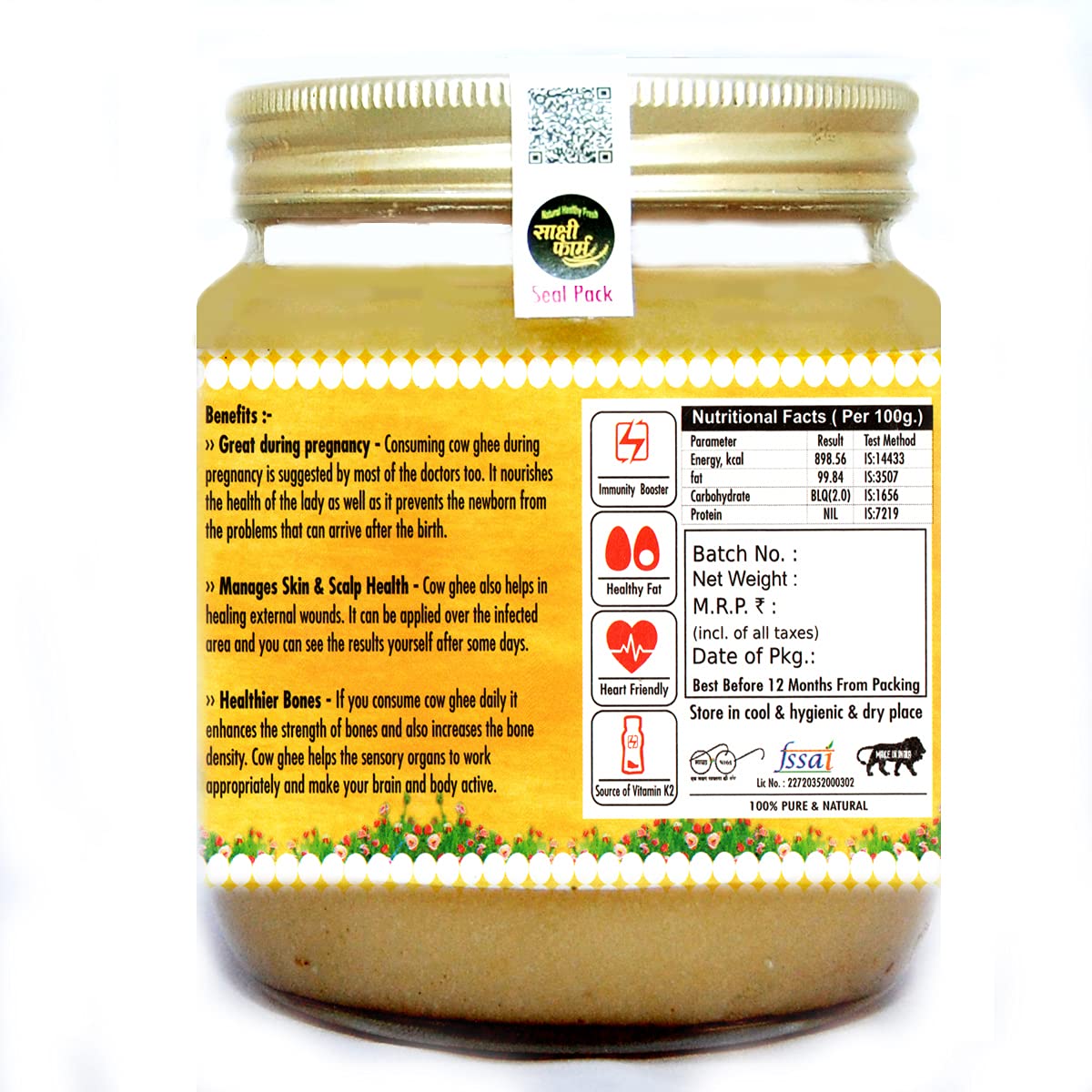 Natural Organic Cultured Desi A2 Ghee By Sakshi Farms | Rich In Vitamin A, D & K Healthy Vedic Bilona Method Pure Desi Ghee For Glowing Skin | 1 Litre (500ml * 2) 33.8 Ounce | Jar Pack
