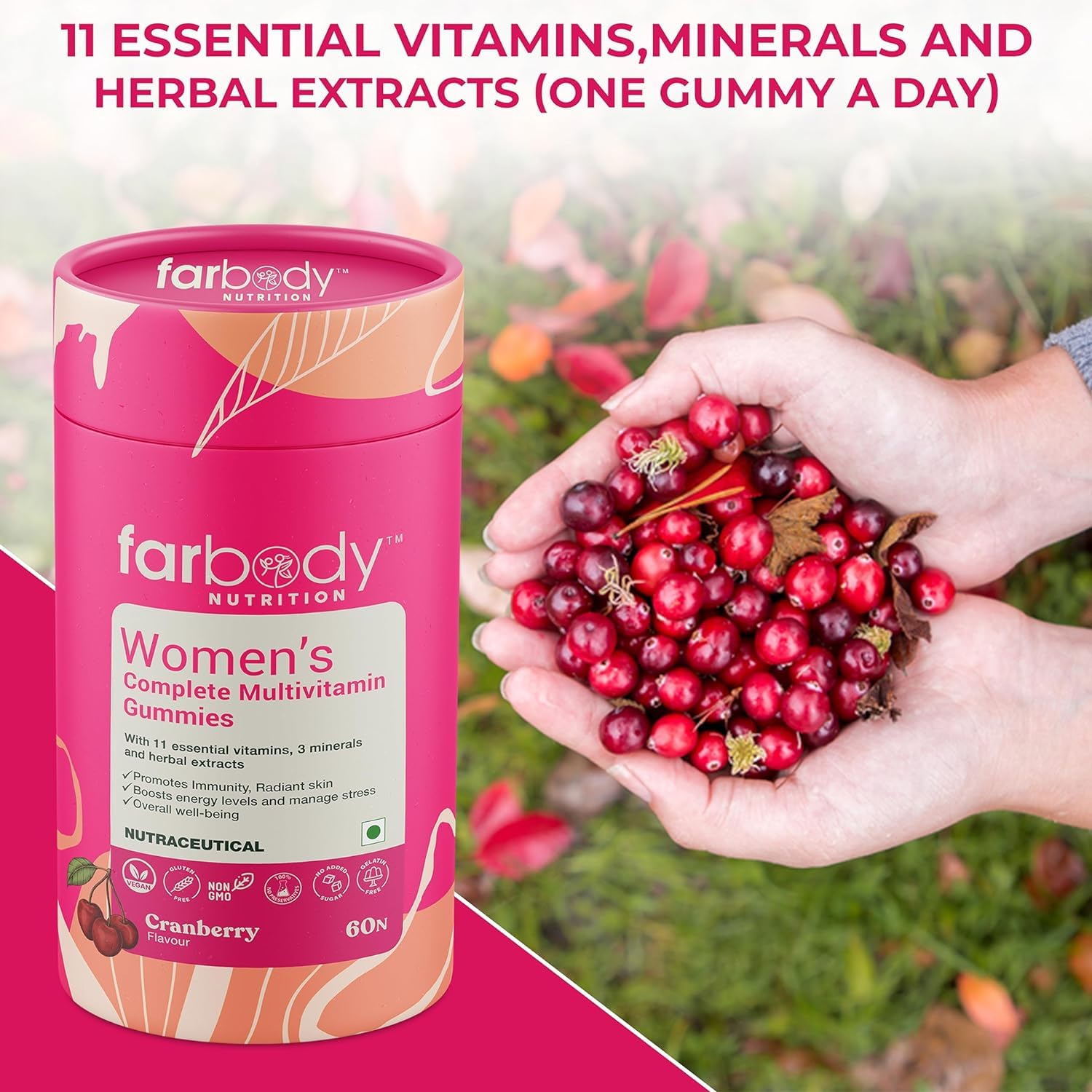 Farbody Women's Multivitamin Gummies With Iron, Zinc, Magnesium, Vitamins A, C, D3, E, B6, B12, Biotin For Immunity, Radiant Skin, Boost Energy | 60 Gummies , 300gm 0.66lbs